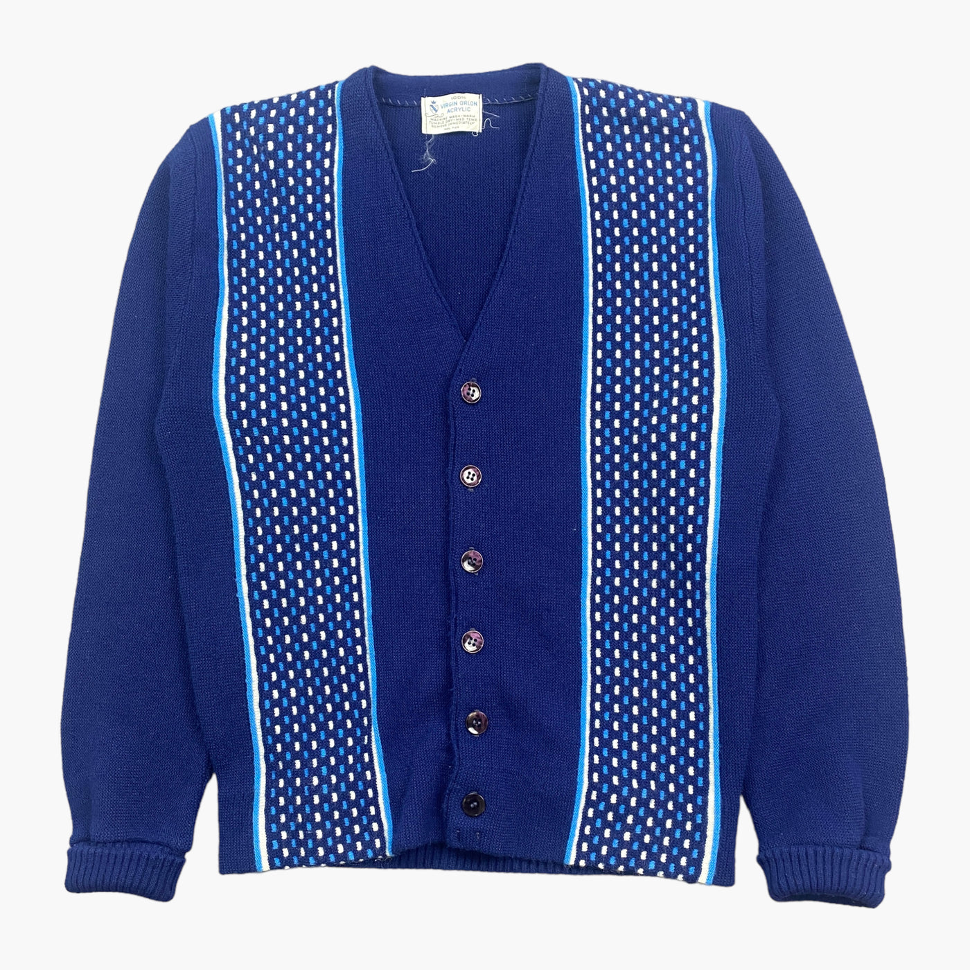 70S BLUE AND WHITE PATTERN CARDIGAN